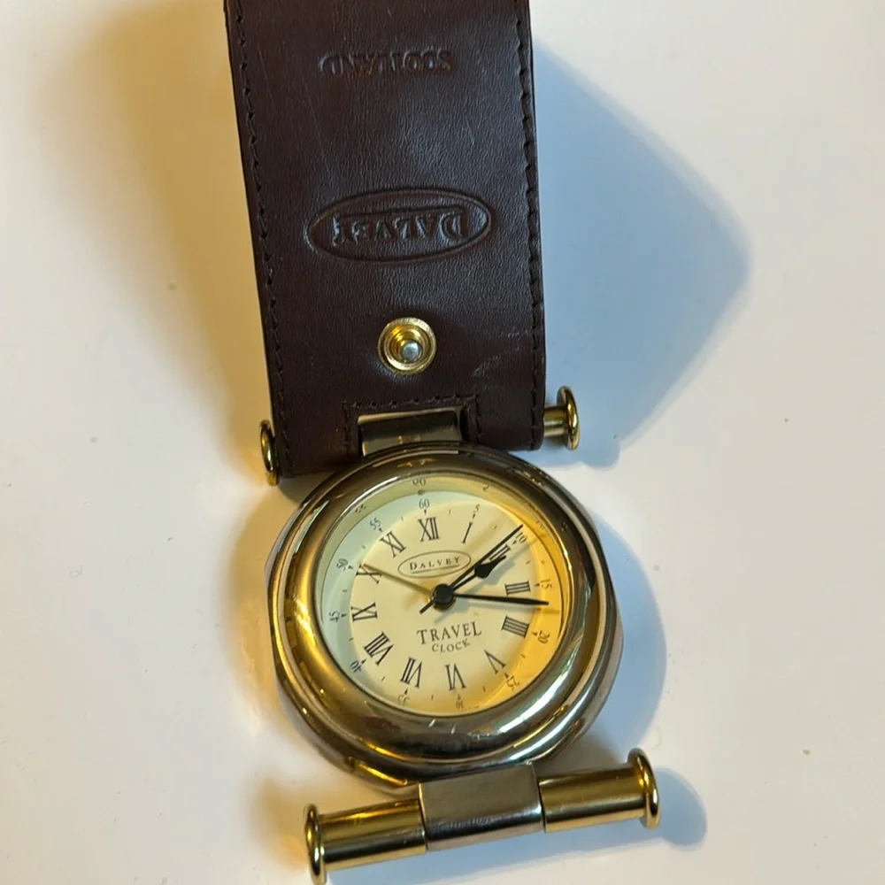 Dalvey Travel Clock Gold Tone Leather Case and Box Travel clock,Leather case